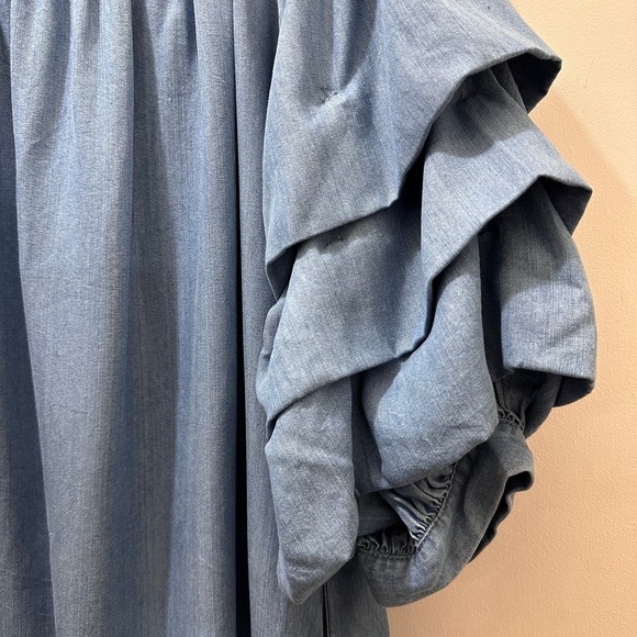 2/$30 Zara Mini Dress Premium Denim Chambray Puff Sleeve Size S Off Shoulder NWT - Picture 4 of 11